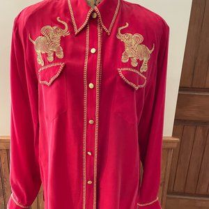 Bob Mackie Wearable Art:  Red Silk Button-Down with Elephant Embroidery L
